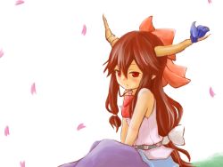 Rule 34 | 1girl, bad id, bad pixiv id, belt, blush stickers, bow, cherry blossoms, female focus, hair bow, hands on lap, horn ornament, horn ribbon, horns, ibuki suika, lips, long hair, looking away, pointy ears, pout, red eyes, red hair, ribbon, shirt, simple background, sitting, skirt, sleeveless, sleeveless shirt, solo, touhou, v arms, very long hair, white background, yuka yukiusa