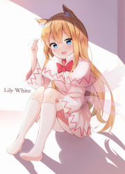 Rule 34 | 1girl, :d, absurdres, animal ear fluff, animal ears, blonde hair, blue eyes, bow, bowtie, cat ears, crossed bangs, curled fingers, extra ears, fairy wings, fang, full body, gluteal fold, hair between eyes, hand up, highres, kneehighs, knees together feet apart, lily white, long hair, long sleeves, looking at viewer, no shoes, open mouth, red bow, red bowtie, see-through, shadow, sitting, skin fang, smile, socks, touhou, utekiro, white socks, wide sleeves, wings