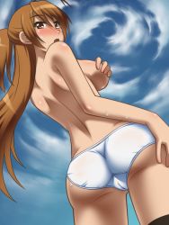 Rule 34 | 1girl, ass, awa, back, blush, breasts, brown eyes, brown hair, cameltoe, cleft of venus, covering privates, covering nipples, embarrassed, eyebrows, from below, highschool of the dead, large breasts, legs, long hair, looking back, miyamoto rei, no bra, open mouth, panties, ponytail, simple background, solo, standing, sweat, thighs, topless, underwear, white panties