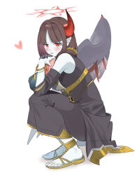 Rule 34 | 1girl, black dress, blush, bracelet, brown hair, demon horns, detached sleeves, dress, duel monster, fallen angel, feet, halo, heart, highres, horns, indulged darklord, jewelry, lemon (lmn9911), long finger, long hair, low ponytail, open mouth, pale skin, pointy ears, red eyes, red halo, sandals, single horn, solo, toes, yu-gi-oh!