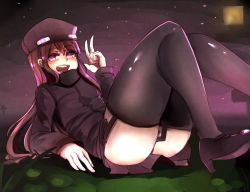 Rule 34 | 1girl, ander (at2.), at2., black thighhighs, blush, enderman, garter straps, high heels, highres, hood, hoodie, long hair, looking at viewer, minecraft, open mouth, personification, purple eyes, smile, solo, thighhighs, v