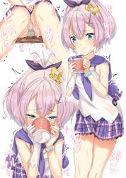 Rule 34 | !, 1girl, aqua eyes, azur lane, blue capelet, blush, bracelet, breasts, capelet, chair, closed mouth, cross, crown, cup, drinking, embarrassed, female focus, gloves, hair between eyes, hair ornament, hair ribbon, hairclip, half-closed mouth, hands up, have to pee, heart, high ponytail, holding, japanese text, javelin (azur lane), jewelry, legs together, mini crown, miniskirt, mug, multiple views, panties, pantyshot, peeing, peeing self, plaid, plaid skirt, pleated skirt, popitin pontin, purple hair, purple ribbon, purple skirt, ribbon, shiny skin, shirt, simple background, single glove, sitting, skirt, sleeveless, sleeveless shirt, small breasts, spoken heart, standing, sweat, tears, text focus, tilted headwear, translation request, trembling, underwear, upskirt, wet, wet clothes, wet panties, white background, white gloves, white panties, white shirt