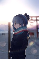Rule 34 | 1girl, artist logo, artist name, beanie, black coat, blue hair, blue hat, blurry, blurry background, closed mouth, coat, depth of field, hands in pockets, hat, highres, lens flare, light particles, long hair, looking at viewer, multicolored clothes, multicolored scarf, outdoors, purple eyes, ringosutta, scarf, shima rin, smile, solo, standing, sunrise, torii, yurucamp