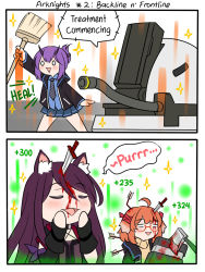 Rule 34 | 0 0, 2koma, 3girls, :&gt;, animal ear fluff, animal ears, arknights, arrow (projectile), axe, ballistic shield, beagle (arknights), black jacket, black neckwear, black sleeves, blood, blood on face, blue shirt, blue skirt, blush, broom, brown sweater, chibi, closed eyes, collared shirt, comic, commentary, detached sleeves, diagonal-striped clothes, diagonal-striped necktie, diagonal-striped neckwear, dress shirt, english commentary, english text, folded ponytail, glasses, guin guin, hair between eyes, hibiscus (arknights), holding, holding broom, horns, jacket, knife, knife in head, lancet-2 (arknights), long hair, long sleeves, melantha (arknights), multiple girls, necktie, object through head, open clothes, open jacket, pleated skirt, purple hair, red-framed eyewear, riot shield, semi-rimless eyewear, shield, shirt, skirt, smile, sparkle, striped clothes, striped neckwear, sweater, triangle mouth, under-rim eyewear