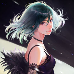 Rule 34 | 1girl, bare shoulders, black bra, black choker, blue hair, bra, breasts, camisole, choker, closed mouth, from side, fur trim, hair between eyes, highres, looking at viewer, looking to the side, medium breasts, medium hair, mole, mole under mouth, nababa, original, purple eyes, smile, solo, studded choker, two-tone background, underwear, upper body