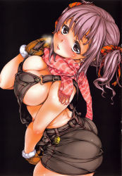 Rule 34 | 1girl, absurdres, adjusting clothes, arima jin, black background, blush, breasts, breath, brown eyes, brown gloves, brown hair, cleavage, gloves, hair ribbon, heavy breathing, highres, large breasts, mole, mole under eye, naked overalls, nose blush, open mouth, original, overalls, plaid, plaid scarf, ribbon, scan, scarf, short hair, short twintails, simple background, solo, twintails