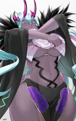 Rule 34 | 1girl, abs, aqua hair, bare shoulders, bikini, bikini under clothes, black coat, black skirt, blush, breasts, clothes lift, coat, colored skin, commission, dark-skinned female, dark skin, earrings, eyeliner, fate/grand order, fate (series), fur trim, grey skin, hair between eyes, highres, horns, ibuki douji (fate), jewelry, large breasts, long hair, long sleeves, looking at viewer, makeup, multicolored hair, navel, off shoulder, oni, oni horns, open mouth, pelvic curtain, pink hair, pixiv commission, pointy ears, red eyes, ribbed sweater, sidelocks, skirt, sleeveless, sleeveless sweater, solo, sunsirou, sweater, sweater lift, swimsuit, thighs, turtleneck, turtleneck sweater, underboob, white bikini, wide sleeves
