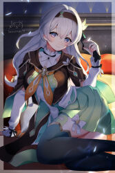 Rule 34 | 1girl, aqua skirt, aqua thighhighs, arm support, artist name, black hairband, black jacket, blue pupils, border, breasts, commentary request, cropped jacket, feet out of frame, firefly (honkai: star rail), grey hair, hair between eyes, hair intakes, hairband, highres, honkai: star rail, honkai (series), jacket, large breasts, looking at viewer, lying, neckerchief, on bed, on side, orange neckerchief, outside border, paid reward available, purple eyes, shirt, sidelocks, sitting, skirt, smile, solo, sukoyaka93, thighhighs, transparent border, two-tone eyes, white border, white shirt