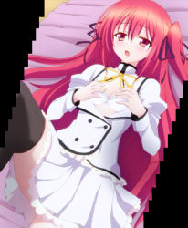 Rule 34 | 10s, 1girl, bed, bra, claire rouge, highres, long hair, pleated skirt, red eyes, red hair, school uniform, screencap, seirei tsukai no blade dance, grabbing own breast, skirt, solo, thighhighs, twintails, two side up, underwear