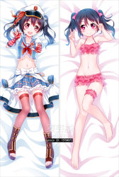 Rule 34 | 10s, 1girl, arms up, artist name, bakugadou, bare arms, bare legs, bare shoulders, barefoot, bed sheet, bikini, black hair, blue skirt, blush, boots, bow, bridal garter, closed mouth, clothes around waist, collarbone, commentary, dakimakura (medium), double v, eyebrows, fingerless gloves, frilled bikini, frilled skirt, frills, full body, gloves, hair bow, hair ribbon, hat, long hair, looking at viewer, love live!, love live! school idol project, lying, m/, midriff, multiple views, navel, neckerchief, on back, open mouth, peaked cap, pink bikini, pink bow, pink thighhighs, plaid, plaid skirt, red eyes, red gloves, red ribbon, ribbon, school uniform, serafuku, short sleeves, skirt, smile, stomach, striped clothes, striped gloves, swimsuit, thighhighs, toes, twintails, v, watermark, white bow, yazawa nico, zettai ryouiki