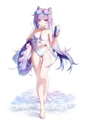 Rule 34 | 1girl, absurdres, bare arms, bare legs, bare shoulders, barefoot, breasts, clothing cutout, cone hair bun, cup, disposable cup, eyewear on head, flower, full moon, genshin impact, hair bun, hair flower, hair ornament, halterneck, highres, holding, innertube, keqing (genshin impact), lizhilv, long hair, long legs, looking at viewer, medium breasts, moon, navel, navel cutout, one-piece swimsuit, purple eyes, purple hair, sideless outfit, simple background, solo, standing, sunglasses, swim ring, swimsuit, thighs, twintails, very long hair, white background, white one-piece swimsuit
