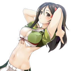 Rule 34 | 1girl, amagi (kancolle), arms up, breasts, brown eyes, brown hair, cleavage, cleavage cutout, clothing cutout, cowboy shot, flower, hair flower, hair ornament, high ponytail, kantai collection, large breasts, leaf, leaf hair ornament, long hair, maple leaf, midriff, mofu namako, mole, mole under eye, navel, ponytail, sidelocks, simple background, solo, stomach, white background, wide ponytail
