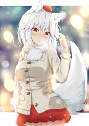 Rule 34 | 1girl, :o, alternate costume, animal ear fluff, animal ears, arm at side, beige jacket, blurry, blurry background, blush, bokeh, breasts, buttons, commentary request, cowboy shot, crossed bangs, depth of field, hair between eyes, hand up, hat, inubashiri momiji, letterboxed, looking at viewer, medium breasts, miniskirt, nose blush, orange eyes, outside border, parted lips, pleated skirt, pom pom (clothes), red hat, red skirt, rururiaru, scarf, short hair, skirt, solo, tail, tokin hat, touhou, twirling hair, white hair, white scarf, wolf ears, wolf tail