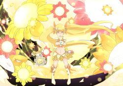 Rule 34 | 10s, 1girl, blonde hair, boots, cure sunshine, floral background, heartcatch precure!, knee boots, long hair, magical girl, midriff, myoudouin itsuki, orange skirt, potpourri (heartcatch precure!), precure, skirt, twintails, ug (nekonekodou), yellow background, yellow eyes