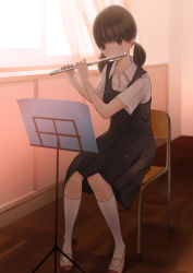Rule 34 | 1girl, bad id, bad pixiv id, black dress, black hair, blouse, blush, brown eyes, chair, chikuwa (odennabe), curtains, day, dress, flute, indoors, instrument, kneehighs, knees together feet apart, low twintails, music, music stand, original, pinafore dress, playing instrument, school uniform, shirt, shoes, short sleeves, sitting, sleeveless dress, socks, solo, twintails, uwabaki, white shirt, white socks, window