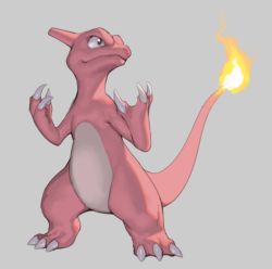 Rule 34 | black eyes, charmeleon, claws, closed mouth, creature, creatures (company), fire, fire, flame-tipped tail, game freak, gen 1 pokemon, grey background, hakai shin, nintendo, no humans, pokemon, pokemon (creature), simple background, solo, standing