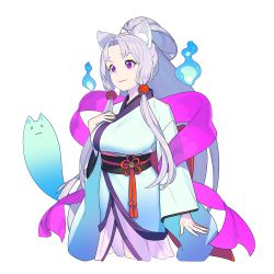 Rule 34 | 1girl, :3, animal ear fluff, animal ears, arm at side, black sash, blue fire, blue kimono, breasts, copyright request, cropped legs, enkyo yuuichirou, fire, fox ears, ghost, grey hair, hair bobbles, hair ornament, hand on own chest, hand up, highres, japanese clothes, kimono, large breasts, long hair, long sleeves, obi, parted bangs, ponytail, purple eyes, sash, shawl, sidelocks, simple background, smile, solo, standing, very long hair, white background, wide sleeves