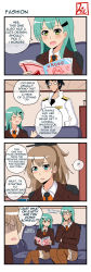 Rule 34 | &gt;:d, 1boy, 2girls, 4koma, :d, admiral (kancolle), artist name, black hair, blue eyes, brand name imitation, brown hair, comic, cosplay, drie, english text, engrish text, green eyes, green hair, hair ornament, hairclip, highres, kantai collection, kumano (kancolle), long hair, magazine (object), military, military uniform, multiple girls, naval uniform, o o, open mouth, pleated skirt, ponytail, ranguage, school uniform, shaded face, signature, sitting, skirt, smile, suzuya (kancolle) (cosplay), suzuya (kancolle), thighhighs, uniform, v-shaped eyebrows