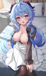 Rule 34 | 1girl, ahoge, bed, bedroom, black pantyhose, black shirt, blue hair, blush, book, bra, breasts, breasts out, commentary request, cum, cum on body, cum on breasts, cum on upper body, desk lamp, dripping, frilled sleeves, frills, ganyu (china merchants bank) (genshin impact), ganyu (genshin impact), genshin impact, goat horns, high-waist skirt, highres, horns, lamp, long hair, long sleeves, looking at viewer, medium breasts, nipples, official alternate costume, open clothes, open shirt, orgasm, pantyhose, partial commentary, partially naked, pillow, ponnyu12, purple eyes, shirt, skirt, sticky, sunlight, topless, topless female, underwear, variant set