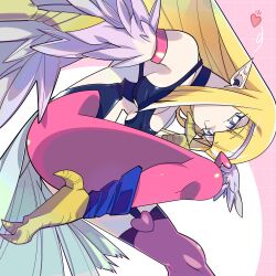 Rule 34 | 1girl, black leotard, blonde hair, blue eyes, breasts, clothing cutout, commentary request, commission, duel monster, feathered wings, harpie girl (yu-gi-oh!), harpy, heart, highres, leotard, looking at viewer, medium breasts, misaka (missa), monster girl, pantyhose, pink pantyhose, pointy ears, revealing clothes, skeb commission, solo, stomach cutout, talons, winged arms, wings, yu-gi-oh!