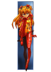 Rule 34 | 1girl, blue eyes, bodysuit, breasts, hair between eyes, hairpods, highres, interface headset, long hair, looking at viewer, multicolored bodysuit, multicolored clothes, neon genesis evangelion, orange bodysuit, orange hair, pilot suit, plugsuit, red bodysuit, skin tight, small breasts, solo, souryuu asuka langley, taiga hiroyuki, test plugsuit, two-tone bodysuit, two side up