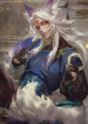 Rule 34 | 1boy, animal ears, black gloves, cat ears, closed mouth, facial mark, fox ears, fox tail, gloves, hand fan, hangleing, holding, holding fan, japanese clothes, long hair, long sleeves, looking at viewer, makeup, male focus, multiple tails, nail polish, onmyoji, red nails, solo, tail, white hair, youko (onmyoji)