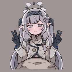Rule 34 | 1girl, black gloves, blue archive, blush, cropped legs, double v, es (eisis), flower, gloves, grey background, grey eyes, grey hair, hair tubes, hairband, halo, highres, himari (blue archive), long hair, looking at viewer, mole, mole under eye, pointy ears, powered wheelchair, simple background, smile, sparkle, v, very long hair, wheelchair, white flower