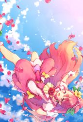 Rule 34 | 1girl, :d, cloud, cure grace, day, earrings, flower, gloves, hair flower, hair ornament, hanadera nodoka, healin&#039; good precure, heart, heart hair ornament, highres, hiiragi syuu, jacket, jewelry, layered skirt, long hair, looking at viewer, magical girl, open mouth, petals, pink eyes, pink hair, precure, red flower, red rose, rose, shoes, skirt, sky, smile, solo, upside-down, white gloves, white jacket