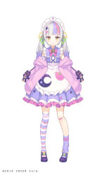 Rule 34 | 1girl, apron, asymmetrical legwear, bandaid, bandaid on knee, bandaid on leg, brooch, commentary request, company name, frills, full body, highres, hololive, jacket, jewelry, long hair, maid, maid apron, maid headdress, multicolored hair, murasaki shion, murasaki shion (magical girl maid), off shoulder, official art, open clothes, open jacket, open mouth, orange eyes, pink hair, pink jacket, purple footwear, purple hair, shiokko (murasaki shion), silver hair, smile, solo, star brooch, striped clothes, striped thighhighs, tachi-e, tam-u, thighhighs, twintails, uneven legwear, vertical-striped clothes, vertical-striped thighhighs, virtual youtuber