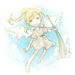 Rule 34 | 1other, androgynous, angel, artistic error, bare legs, barefoot, black ribbon, blonde hair, closed mouth, commentary request, dated commentary, dress, feathered wings, full body, grey dress, high ponytail, holding, light smile, long hair, lowres, no halo, original, rakuni, red eyes, ribbon, short sleeves, sidelocks, sideways glance, solo, wavy mouth, white wings, wings