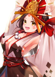 Rule 34 | 1girl, absurdres, armpits, arms behind head, arms up, bare shoulders, bead necklace, beads, blush, body markings, breasts, brown eyes, brown hair, cleavage, dress, facial mark, fate/grand order, fate (series), forehead, forehead mark, highres, himiko (fate), himiko (third ascension) (fate), huge filesize, jewelry, large breasts, long hair, looking at viewer, magatama, magatama necklace, necklace, open mouth, sakaiyuuna, sash, smile, white dress
