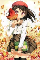 Rule 34 | 1girl, absurdres, autumn, autumn leaves, black ribbon, black thighhighs, blush, book, brown hair, brown skirt, buttons, cropped, day, hat, highres, holding, kantoku, leaf, long sleeves, looking at viewer, maple leaf, non-web source, original, outdoors, parted lips, petals, pink eyes, plaid, plaid skirt, purple eyes, ribbon, scan, shirt, shizuku (kantoku), short hair, skirt, sleeves past wrists, smile, solo, standing, teeth, thighhighs, white shirt, zettai ryouiki