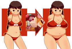 Rule 34 | 1girl, bikini, black hair, breasts, cake, cleavage, fat, food, gishi, huge breasts, large breasts, long hair, original, red eyes, smile, solo, swimsuit, twintails, weight gain