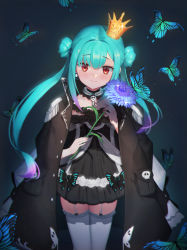 Rule 34 | 1girl, absurdres, aqua hair, asymmetrical hair, banned artist, black choker, black coat, black dress, bow, brooch, choker, closed mouth, coat, coat on shoulders, crown, dark background, double bun, dress, dress bow, earrings, epaulettes, feet out of frame, flat chest, flower, frilled dress, frilled straps, frilled thighhighs, frills, garter straps, ghost earrings, gradient hair, hair bun, highres, holding, holding flower, hololive, jewelry, lace, lace choker, long hair, looking at viewer, multicolored hair, off-shoulder dress, off shoulder, parted hair, pink hair, popped collar, red eyes, short dress, short sleeves, sidelocks, smile, solo, thighhighs, tilted headwear, twintails, uneven twintails, uruha rushia, virtual youtuber, white garter straps, white thighhighs, yiku (sim7368)