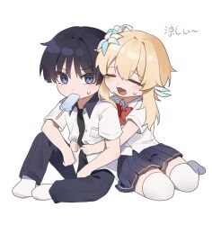 Rule 34 | 1boy, 1girl, alternate costume, black hair, blonde hair, blue eyes, blue skirt, blush, chibi, closed eyes, flower, food, food in mouth, genshin impact, hair between eyes, hair flower, hair ornament, hetero, highres, hug, hug from behind, lumine (genshin impact), ming4, open clothes, open mouth, open shirt, pants, pleated skirt, popsicle, popsicle in mouth, scaramouche (genshin impact), shirt, simple background, sitting, skirt, sweat, thighhighs, white background, white shirt, white thighhighs
