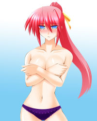 Rule 34 | 1girl, blue eyes, blush, breasts, covering privates, covering breasts, engo (aquawatery), hair ribbon, highres, large breasts, long hair, lyrical nanoha, mahou shoujo lyrical nanoha, mahou shoujo lyrical nanoha a&#039;s, panties, panties only, pink hair, ponytail, purple panties, ribbon, signum, solo, topless, underwear, underwear only