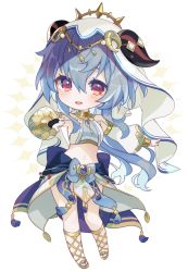 Rule 34 | 1girl, :d, absurdres, bare shoulders, blue gemstone, blue hair, blush, bow, brooch, chibi, commentary, cosplay, detached sleeves, ganyu (genshin impact), gem, genshin impact, gladiator sandals, goat horns, gold trim, hair between eyes, hair ornament, harem outfit, highres, horns, jewelry, long hair, long sleeves, looking at viewer, memeno, midriff, nilou (genshin impact), nilou (genshin impact) (cosplay), open mouth, pigeon-toed, red eyes, sandals, sidelocks, smile, stomach, tassel, twitter username, veil, waist bow, white background