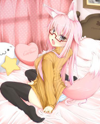 Rule 34 | 1girl, :3, animal ears, bed, bed sheet, black thighhighs, blush, clothes tug, curtains, drawing (object), fox ears, fox tail, glasses, grey eyes, heart, heart-shaped pillow, jougen, long hair, looking back, open mouth, orange shirt, original, panties, pillow, pink hair, ribbed sweater, semi-rimless eyewear, shirt, sitting, solo, star (symbol), striped clothes, striped panties, sweater, sweater tug, tail, tears, thighhighs, under-rim eyewear, underwear, wariza