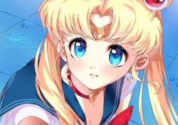 Rule 34 | 1girl, artist name, bishoujo senshi sailor moon, bishoujo senshi sailor moon s, blonde hair, blue eyes, blue sailor collar, blush, breasts, choker, circlet, cleavage, collarbone, commentary, crescent, crescent earrings, dated, derivative work, double bun, earrings, hair bun, hair ornament, hair over shoulder, heart, heart choker, jewelry, lazoomaiga, long hair, meme, parted lips, red choker, sailor collar, sailor moon, sailor moon redraw challenge (meme), sailor senshi uniform, signature, solo, twintails, upper body