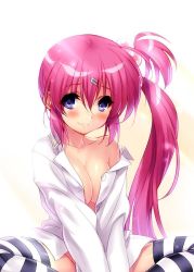 Rule 34 | 1girl, bare shoulders, blue eyes, blush, bottomless, breasts, cleavage, dress shirt, hair bobbles, hair ornament, hairclip, indian style, large breasts, little busters!, long hair, naked shirt, no bra, no panties, off shoulder, open clothes, open shirt, purple hair, saigusa haruka, school uniform, shirt, side ponytail, sitting, smile, solo, striped clothes, striped thighhighs, thighhighs, v arms, white background, zen