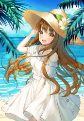 Rule 34 | 1girl, absurdres, bare shoulders, beach, blue sky, blurry, blurry foreground, blush, breasts, brown eyes, brown hair, choker, cloud, cloudy sky, collarbone, commentary request, cowboy shot, day, dress, flower, hand on headwear, hand up, hat, hat flower, highres, horizon, long dress, long hair, looking at viewer, medium breasts, nri, ocean, open mouth, original, outdoors, palm tree, short sleeves, sky, smile, solo, straw hat, summer, sundress, teeth, tree, upper teeth only, water, water drop, white choker, white dress, white flower