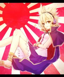 Rule 34 | 1girl, anklet, arm rest, bad id, bad pixiv id, blonde hair, bracelet, breasts, cape, earmuffs, egasumi, gold, grin, honotai, japan, jewelry, legs, crossed legs, letterboxed, looking at viewer, pink shirt, purple skirt, shirt, short hair, skirt, sleeveless, slippers, small breasts, smile, solo, sparkle, spiked hair, sunburst, thighs, touhou, toyosatomimi no miko, yellow eyes