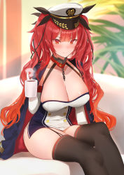 Rule 34 | 1girl, arm at side, azur lane, black ribbon, black thighhighs, breasts, chain, cleavage, closed mouth, coffee mug, commentary request, cup, dress, elbow gloves, garter straps, gloves, hair ribbon, halterneck, hat, highres, holding mug, honolulu (azur lane), indoors, jacket, jacket on shoulders, large breasts, legs together, long hair, looking at viewer, mug, peaked cap, plant, red eyes, red hair, ribbon, sitting, solo, thighhighs, tsurime, twintails, very long hair, white gloves, yaman