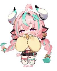 1girl :p ahoge animal_ears aqua_hair black_hairband black_skirt blush braid chibi chibi_only commentary cow_ears cow_girl cow_horns eating food full_body genshin_impact hair_ornament hairband harin_05 highres holding holding_food horns long_hair looking_at_viewer low_twin_braids midriff miniskirt multicolored_hair navel pink_hair purple_eyes simple_background skirt socks solo streaked_hair taco tongue tongue_out twin_braids twitter_username varesa_(genshin_impact) very_long_hair white_background white_horns white_socks x_hair_ornament