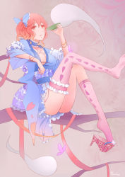 Rule 34 | 1girl, absurdres, adapted costume, alcohol, arm rest, artist name, ass, bad id, bad pixiv id, bow, bracelet, branch, breasts, choker, cleavage, colored eyelashes, expressionless, fingernails, floral background, floral print, garter straps, gradient eyes, gradient hair, hair bow, heart, heart print, highres, hitodama, in tree, japanese clothes, jewelry, kimono, large breasts, light particles, long legs, matching hair/eyes, multicolored eyes, multicolored hair, necklace, no headwear, nose, obi, orange eyes, orange hair, panties, pearl necklace, pink eyes, pink hair, pink panties, ribbon, sadsan, saigyouji yuyuko, sake, sandals, sash, shoes, short kimono, side ponytail, single shoe, sitting, sitting in tree, solo, spilling, thighhighs, thighhighs pull, thighs, touhou, tree, underwear, zouri