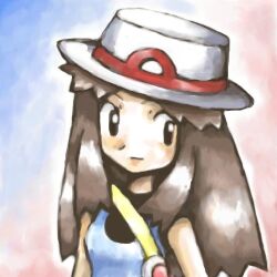 Rule 34 | 1girl, black eyes, blue background, brown hair, closed mouth, commentary, creatures (company), english commentary, game freak, hat, leaf (pokemon), long hair, looking to the side, multicolored background, nintendo, pink background, pokemon, pokemon frlg, porkpie hat, sailorclef, solo, upper body, white background, white hat