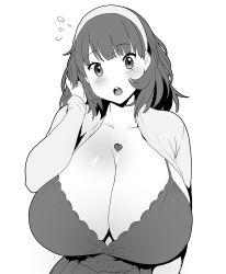 Rule 34 | 1girl, absurdres, blush, breasts, cardigan, cleavage, dress, erkaz, greyscale, hairband, heart, heart necklace, highres, huge breasts, jewelry, looking at viewer, medium hair, monochrome, necklace, open mouth, original, rina atherina, simple background, white background, white hairband