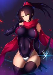 Rule 34 | 1girl, arm blade, bare shoulders, black hair, black leotard, black thighhighs, blush, breasts, closed mouth, covered navel, cowboy shot, fate/grand order, fate (series), highleg, highleg leotard, joints, kameponde, katou danzou (fate), large breasts, leotard, long hair, looking at viewer, ponytail, red scarf, robot joints, scarf, solo, thighhighs, weapon, yellow eyes