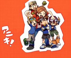 Rule 34 | 00s, 5boys, age difference, black shorts, blush, boots, brown hair, crossed arms, daimon masaru (digimon savers), digimon, digimon adventure, digimon adventure 02, digimon frontier, digimon savers, digimon tamers, closed eyes, gloves, goggles, goggles on head, green gloves, hand on another&#039;s head, kanbara takuya, long hair, looking at another, looking up, male focus, matsuda takato, motomiya daisuke, multiple boys, open clothes, open shirt, red background, shirt, shoes, shorts, simple background, sneakers, t-shirt, t k g, trait connection, vest, white gloves, yagami taichi