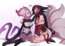 Rule 34 | 2girls, ahri (league of legends), animal ears, artist name, bare shoulders, black sclera, black skin, breasts, cleavage, closed mouth, colored sclera, colored skin, commission, commissioner name, crossed legs, dreamcharlie, evelynn (league of legends), facial mark, fox ears, fox tail, from side, grey hair, heart, highres, large breasts, league of legends, multiple girls, off shoulder, pink hair, pink skin, seiza, shiny skin, sitting, smile, spoken heart, tail, whisker markings
